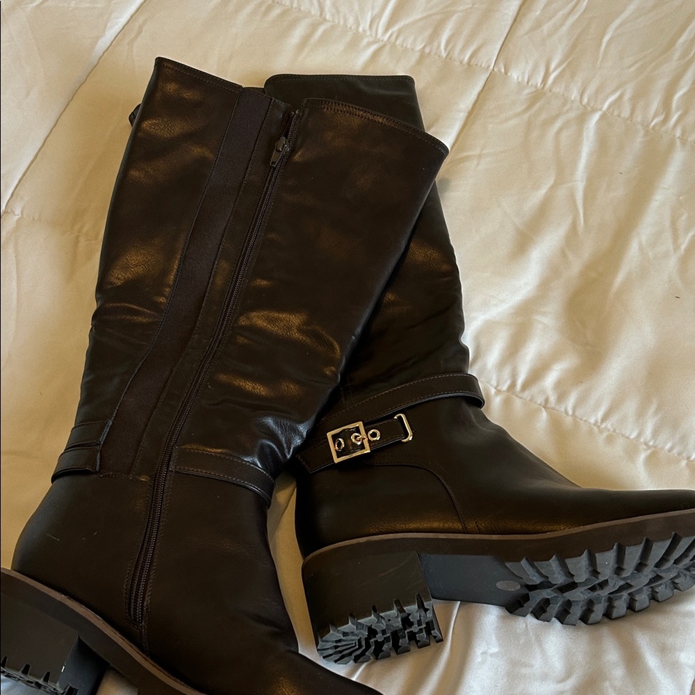 Brown Faux Leather Knee-High Boots